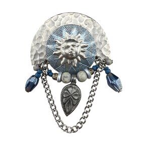 Vintage Bohemian Sun Face Brooch‎ With Blue Beads & Chain Dangling Leaf Pendant